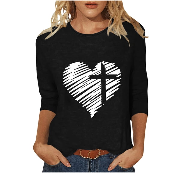 HBYJLZYG Easter Tops For Women Heart Jesus Cross Printed Tee Comfy Outdoor Crew Neck Loose Long Sleeve Easter Graphic Shirts