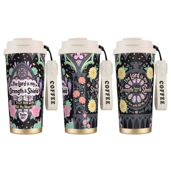 1pc Christ Tumbler 18oz "The Lord is My Strength" Psalm 28:7, Leak-proof Religious Travel Mug