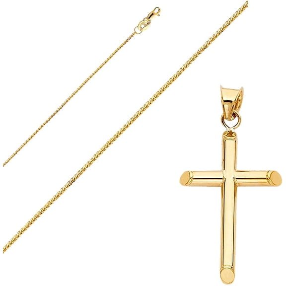 14k Yellow Solid Gold Traditional Cross Religious Pendant with 0.8-mm Square Wheat Chain (16 inches)