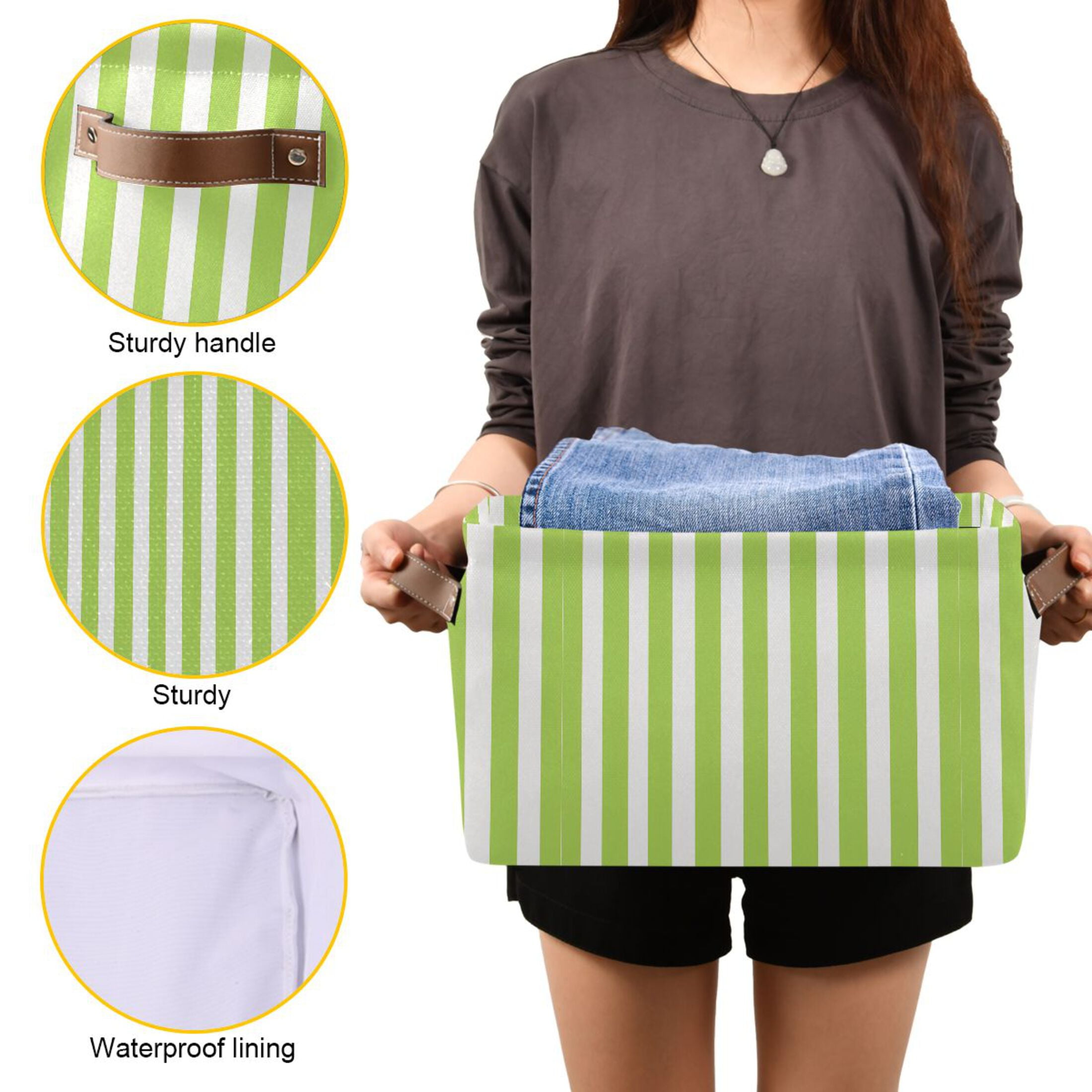 2 Pack Storage Bins with Handle Fabric Organizer Basket Foldable Box Apple Green and White Stripes 14.2x10.2x8.3
