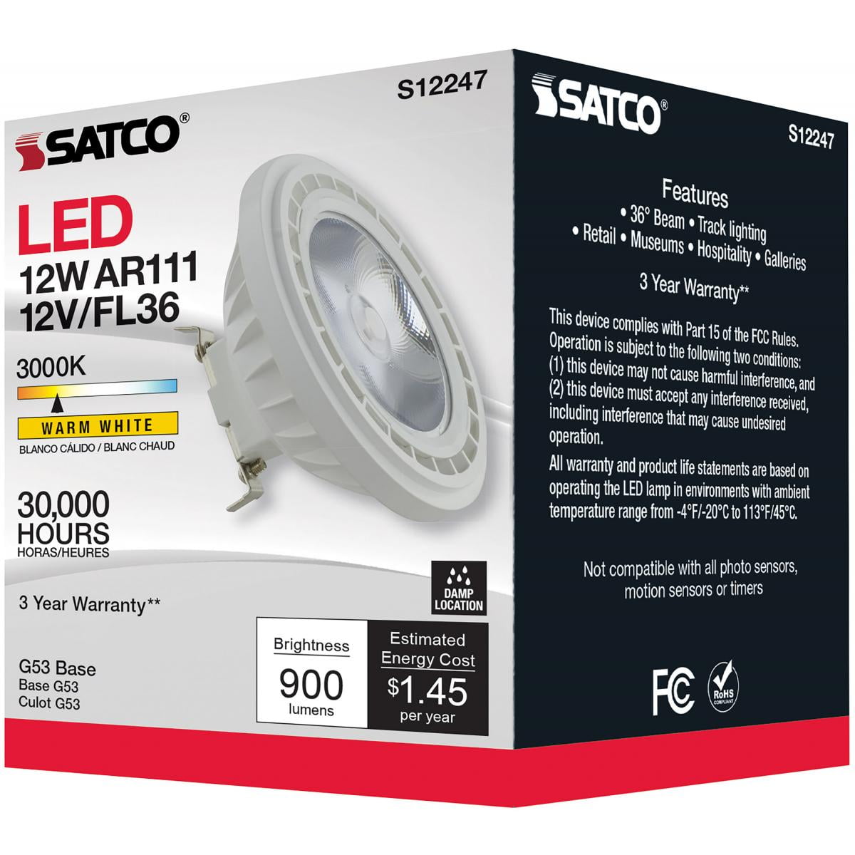 Satco S12247 12W 12V AR111 COB LED Flood Light Bulb 3000K 900L G53 Base (1 Pack)