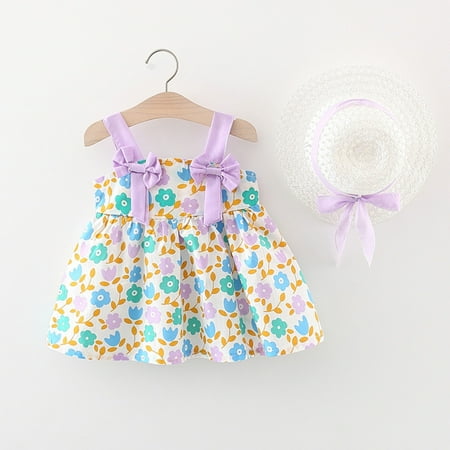 

Leutsin Toddler Baby Girl Summer Bow Decoration Flower Print Suspender Dress With Hat