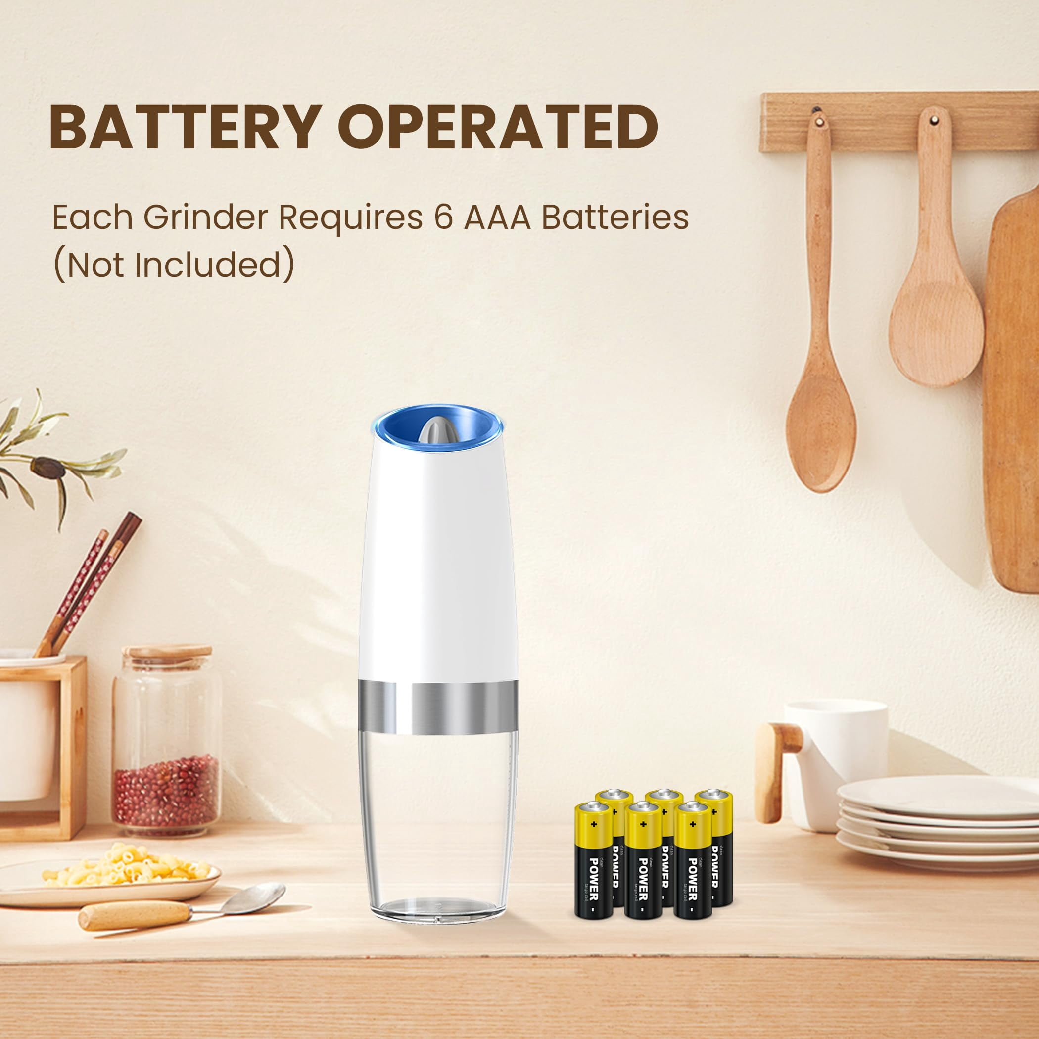 Electric Salt and Pepper Grinder Set, Battery Operated Automatic Grinders with Adjustable Coarseness and LED Light, 2 Pack, Black