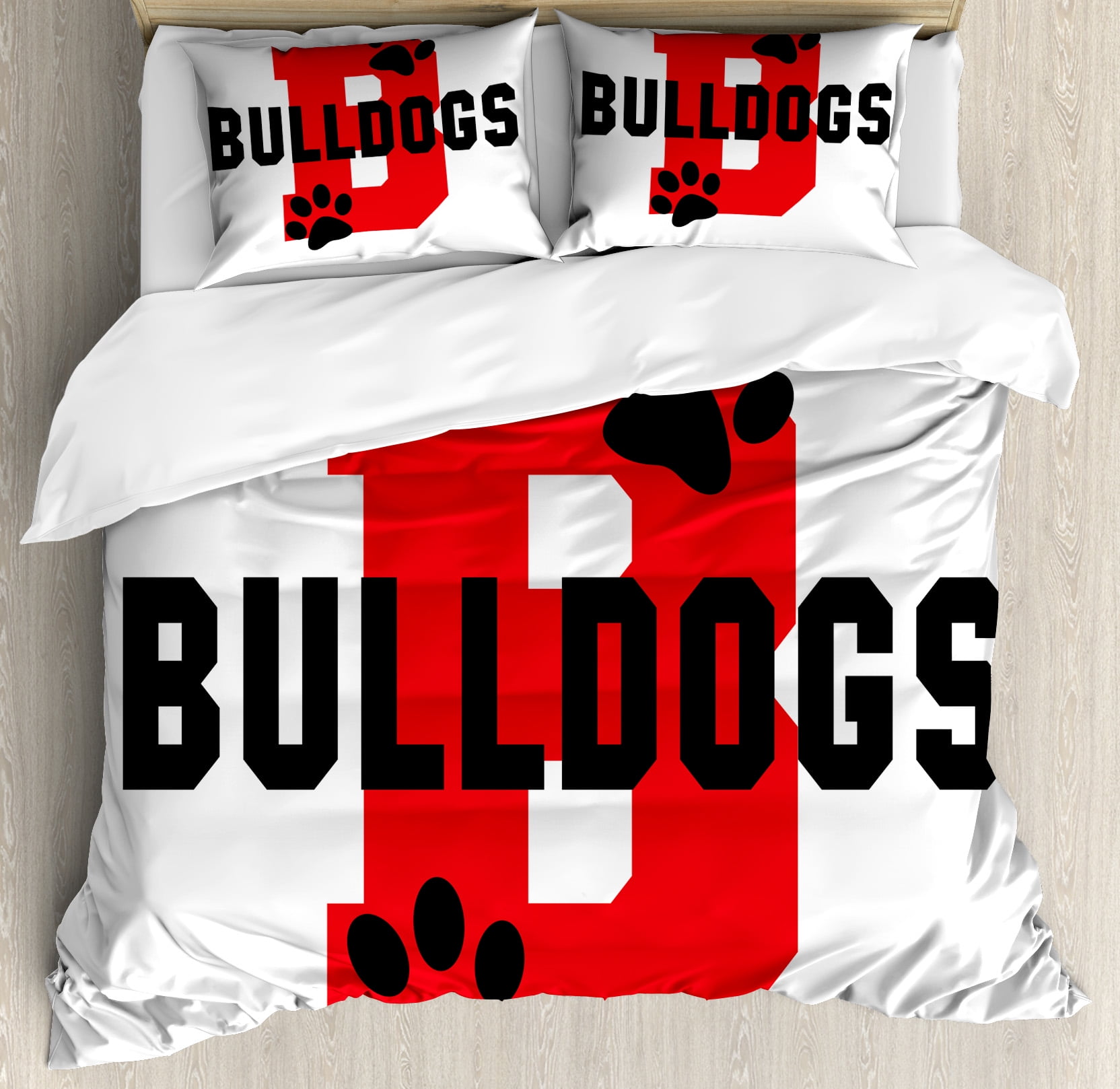 English Bulldog Duvet Cover Set Paw Print Silhouette And Giant B Letter Background Custom Logo Design Decorative Bedding With Pillow Shams Red