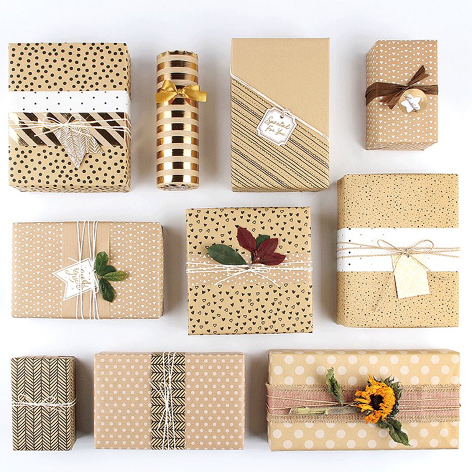 Boerni Birthday Wrapping Paper,28 * 20 inch Kraft Brown Gift Wrapping Paper for Women Men Girl Boy,12 Sheets Dot Stripe Heart Paper with String Sticker Tag
