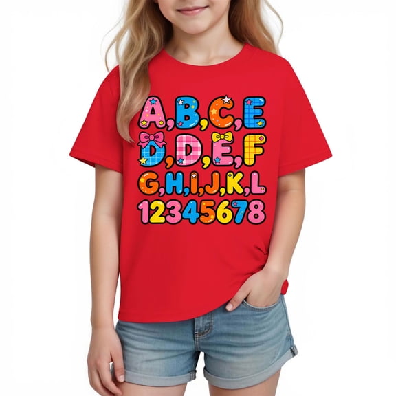 Graphic Tee for Boys with Alphabet and Numbers | Soft Cotton Educational T-Shirt for Kids to Youth Kids, Red,Size 7 T