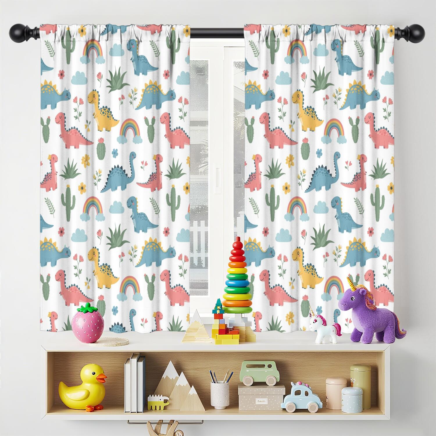 Blackout Kids Curtains,White Dinosaurs Rainbows Plants Pattern Childrens Insulated Curtains Set Of 2,Bedroom Essentials,Toddler Room Decor 42"x54"