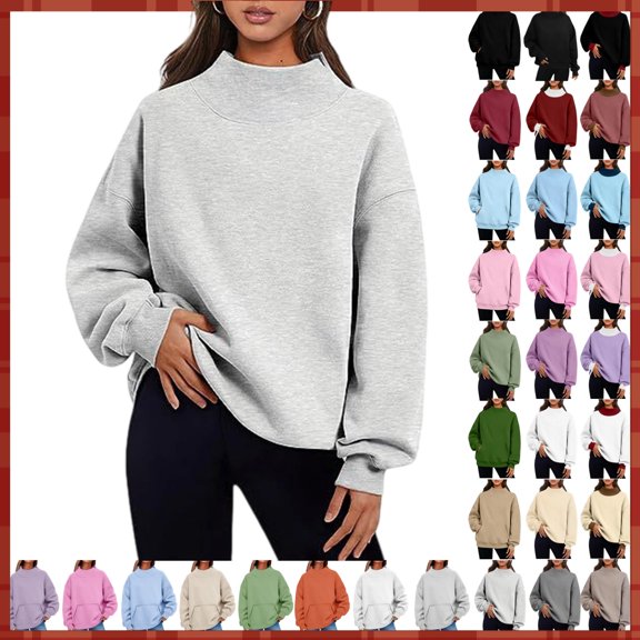 Women's Mock Neck Pullover Sweatshirt Casual Loose Fit Long Sleeve Solid Color Top Winter Fleece Tunic Mock Neck Sweatshirt Women 2026 Sweatshirts Sweater Tops Winter Clothes
