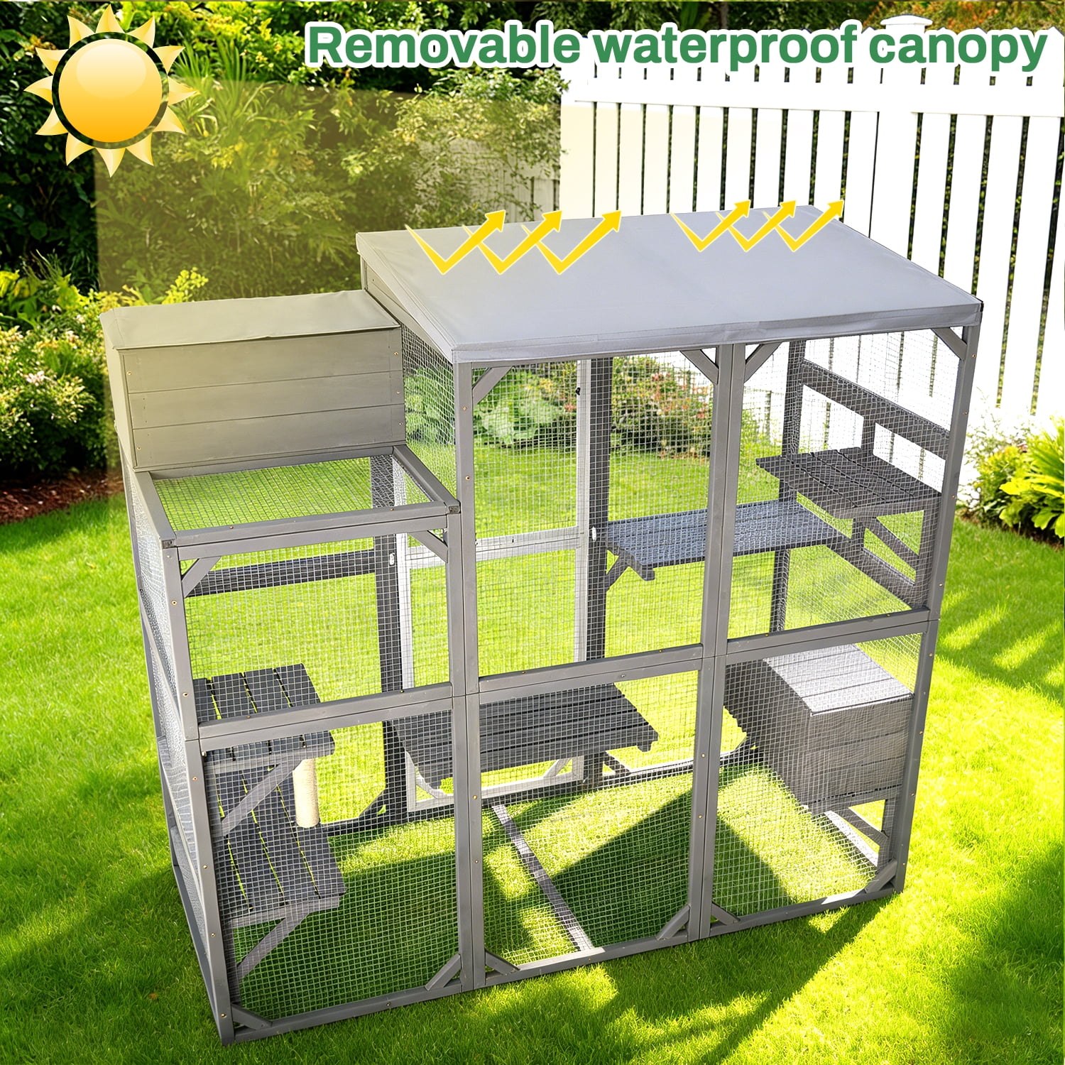 Wooden Outdoor Catio Enclosure for Pets with Scratching Post, Multi-Level Perches & Hideaways, Weatherproof Indoor/Outdoor Cat House with Roof, 5 Platforms & Resting Den, UV-Resistant