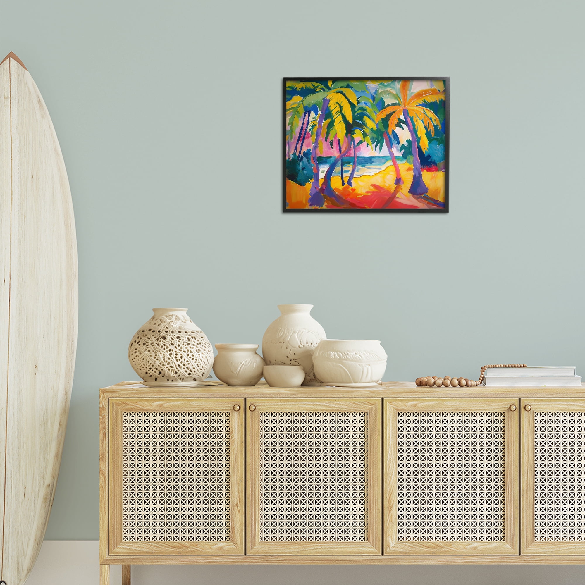 Stupell Industries Tropical Palm Paradise Coastal Painting Black Framed Art Print Wall Art, 20 x 16