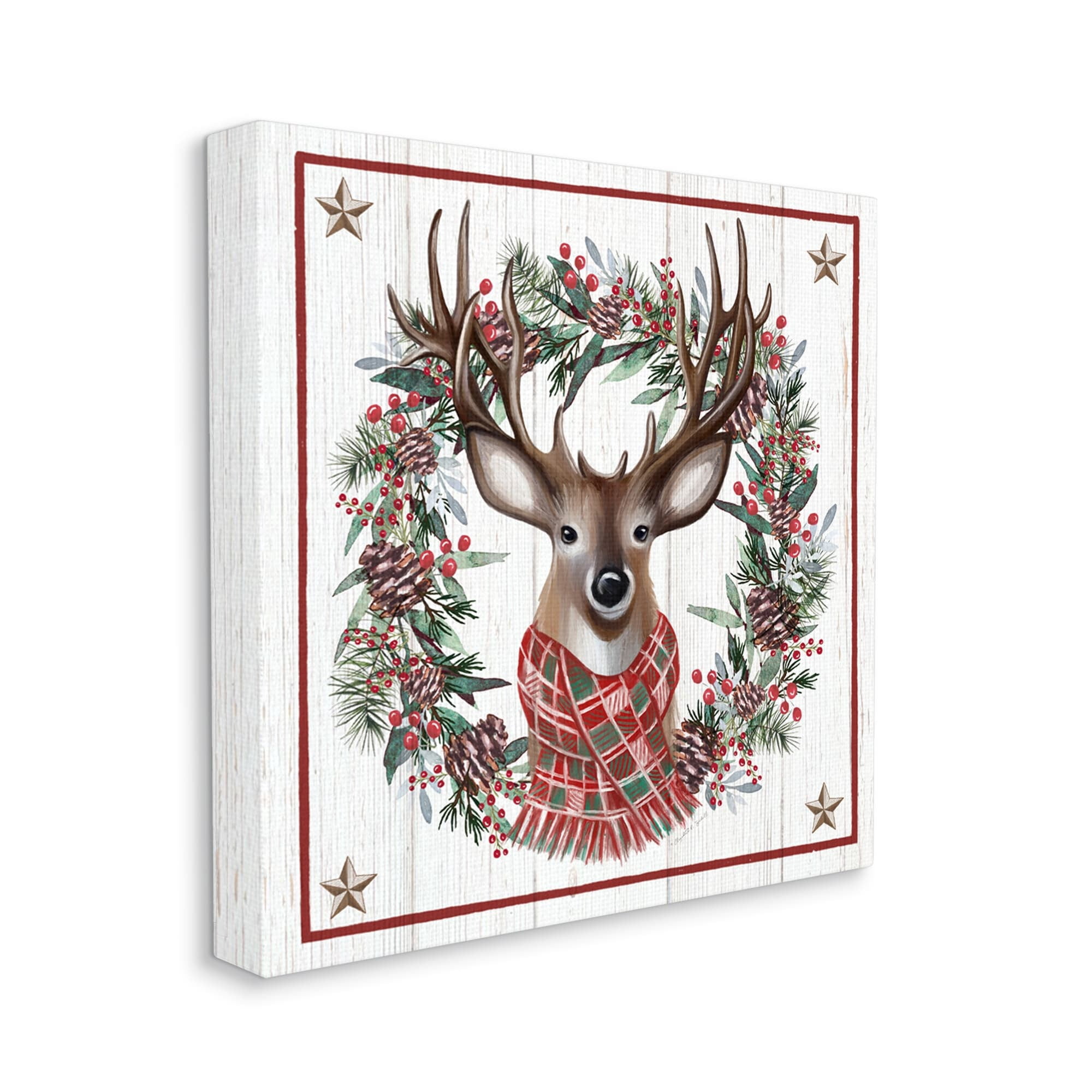 Rustic Holly Pinecone Wreath Bordered Reindeer Scarf Animals & Insects Graphic Art Gallery-Wrapped Canvas Print Wall Art