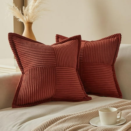 

Rust Decorative Throw Pillows Covers 16x16 Inch Set of 2 Vintage Fluffy Corduroy Toss Pillow Case for Couch Sofa Living Room Square Splicing Wide-edgs Terracotta Small Cushion Cover