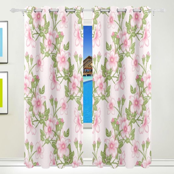 Coolnut Window Curtain Panels Cherry Blossom Seamless Pattern Grommet Top Room Darkening Thermal Insulated Blackout Window Treatment Drapes 2 Panels W55 x L84 In