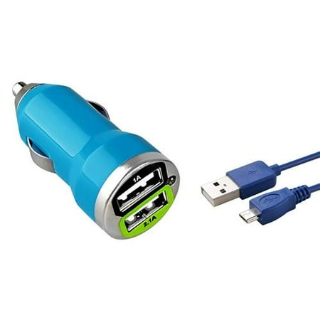 Insten Blue 2-Port USB 2.1A Car Charger Adapter + 6FT microUSB Cable 6' For Cellphone Smartphone Android Universal Tab Tablet