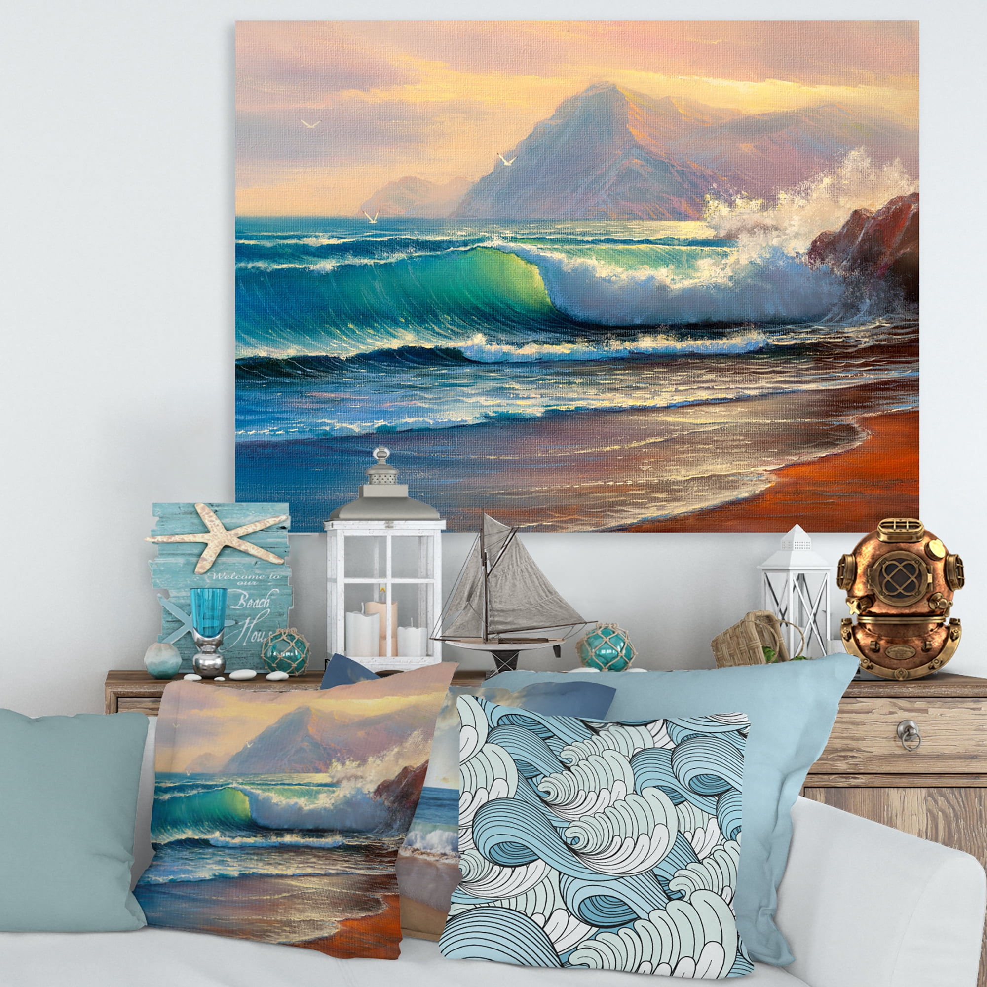 Designart ' Sunrise Glow On The Sea Waves III ' Nautical & Coastal Canvas Wall Art Print