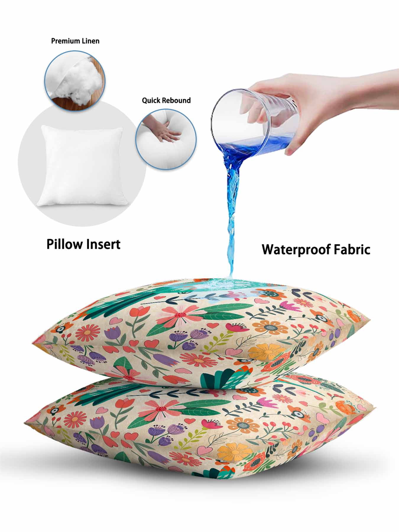 1 Pack Outdoor Pillows Waterproof, Turquoise Birds Indoor/Outdoor Throw Pillows with Inserts, Retro Farmhouse Colorful Flowers Herbs Decorative Pillow for Patio Furniture Chairs Couch