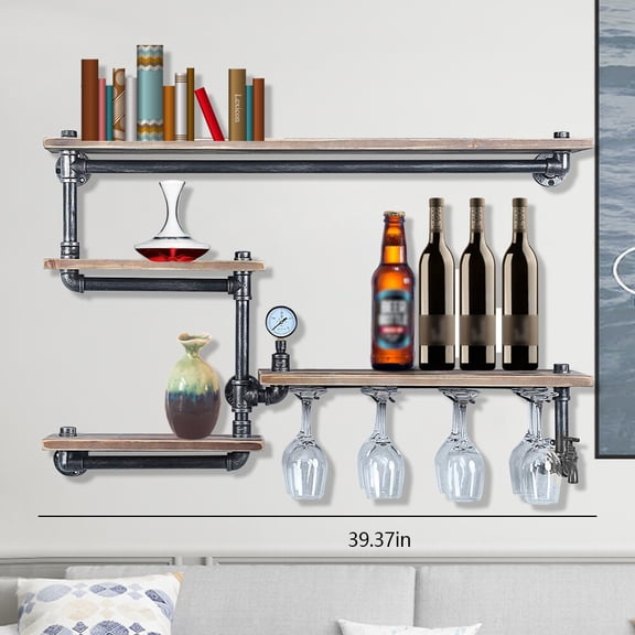 100*20*50.5cm 4-Tier Kitchen Bar Wine Hanging Holder Bottle Storage Rack Industrial Wall-Mounted Shelf