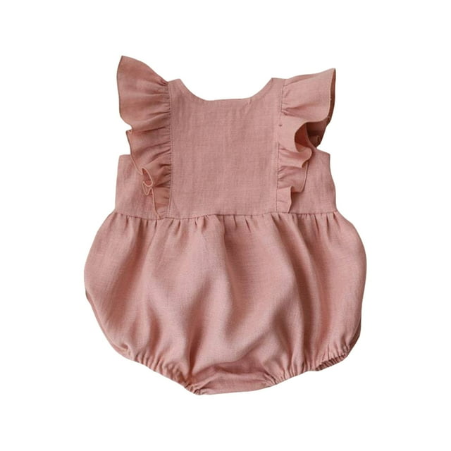 YOUSNH Toddler Baby Rompers Summer Ruffle Sleeveless Crew Neck Toddler Cute Baby Jumpsuit Soft Cotton Linen Jumpsuit Girls Bodysuits Pink 12-18 Months