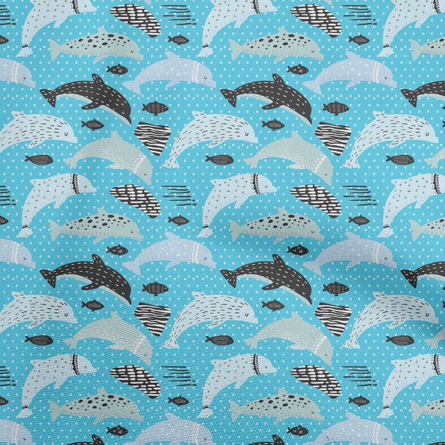 oneOone Polyester Spandex Light Blue Fabric Beach Dolphin With Dot Texture Craft Projects Decor Fabric Printed By The Yard 56 Inch Wide