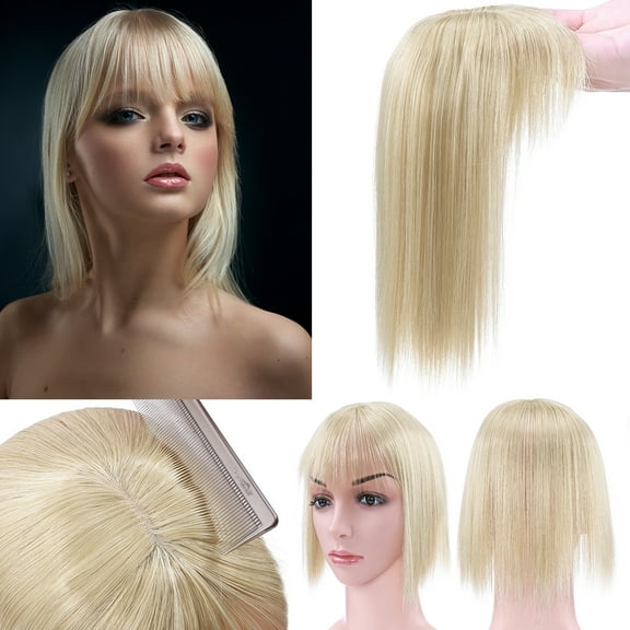Benehair 100% Natural Hair Extensions Clip in Topper Toupee Bangs Hairpiece for Woman 10" Ash Blonde & Bleach Blonde