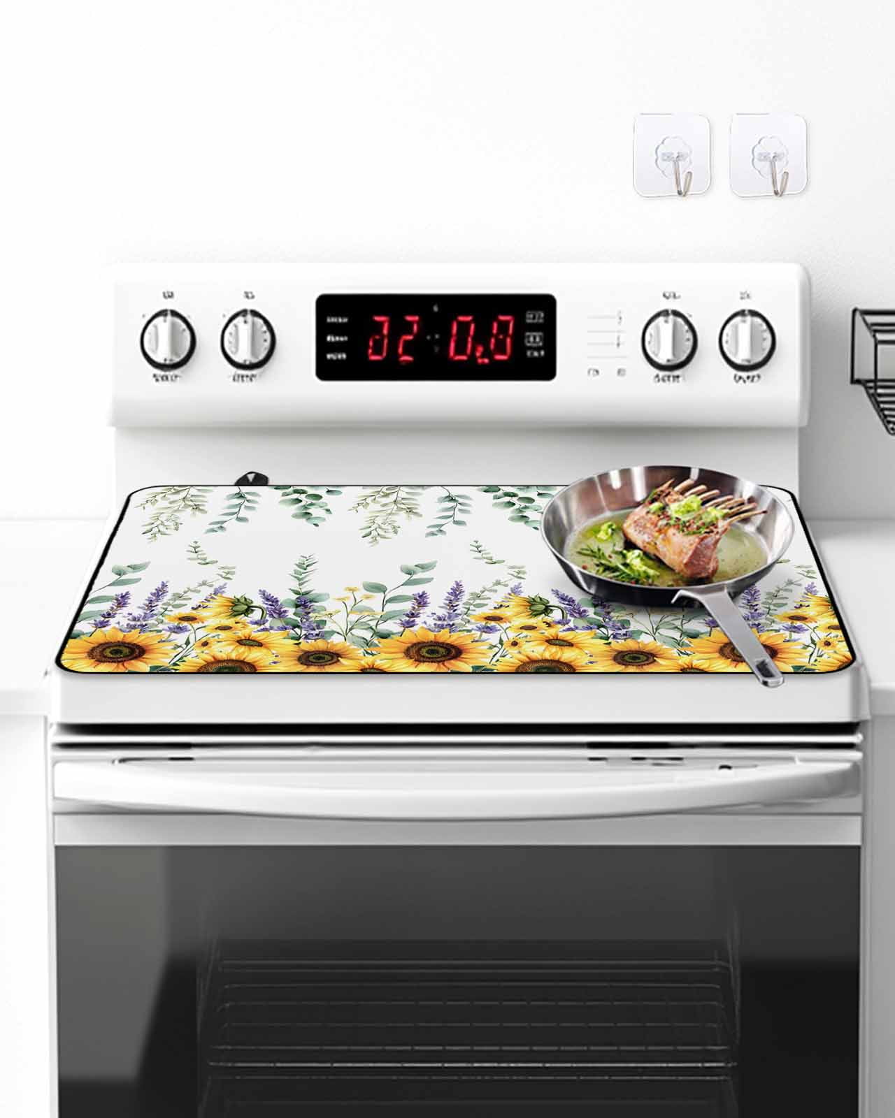 Stove Top Covers for Electric Stove, Eucalyptus Leaves Glass Stovetop Cover Protector, Yellow Sunflower Lavender Farmhouse Induction Cooktop Protector Oven Mat for Kitchen Countertop 24"x21"