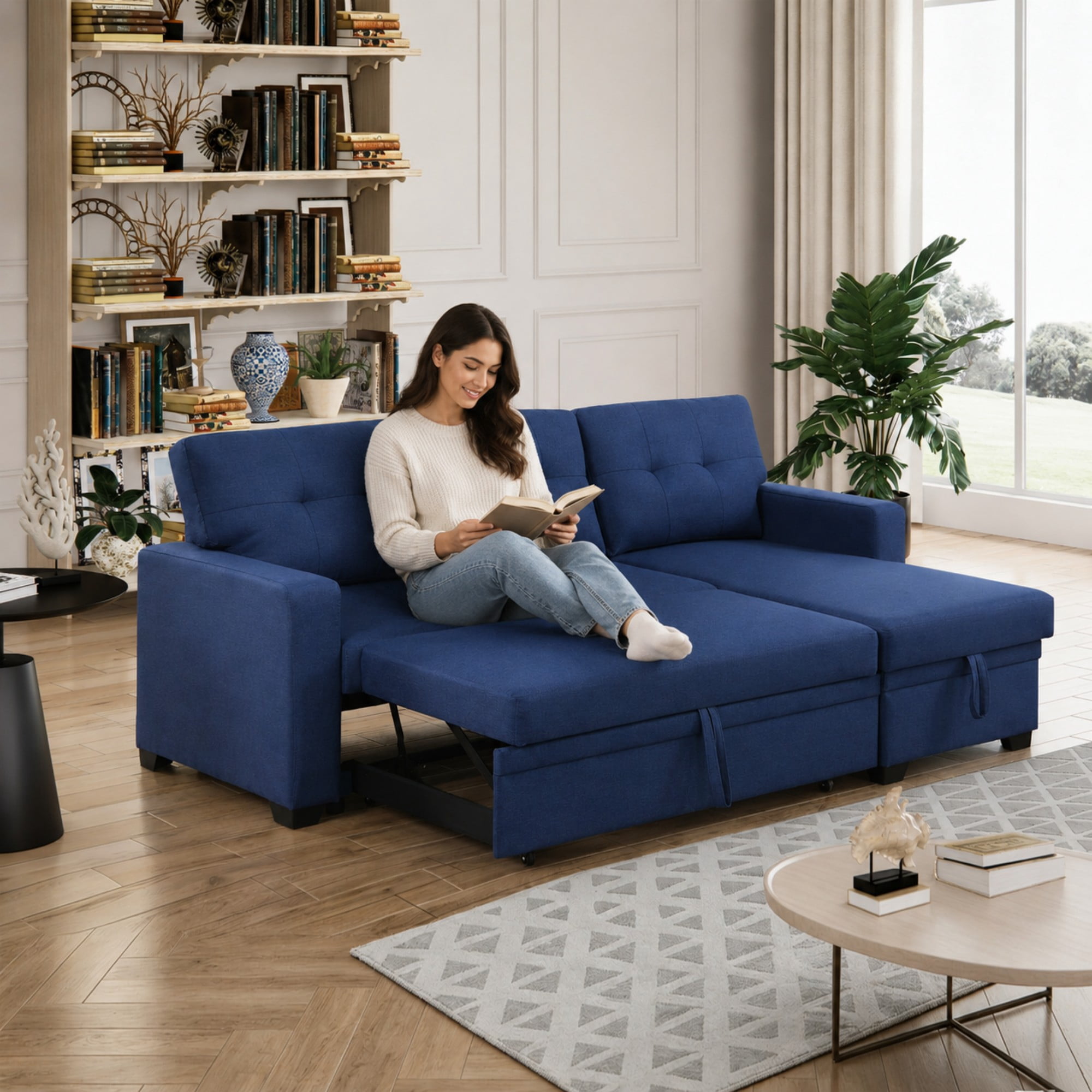 BSHTI 82" 3-Seat Linen Pull Out Sectional Sleeper Sofa with Storage Chaise, Removable Back Cushions for Living Room（Blue）