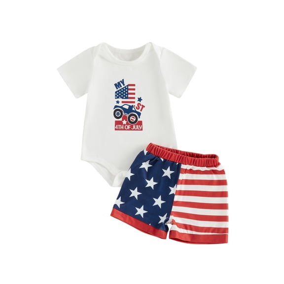 BemeyourBBs Newborn Baby Boy My First 4th of July Outfit Baby Memorial Day Independent Day Outfit Short Sleeve Patriot Flag in Truck Letter Print Romper Star Stripe Shorts Set Baby Boy Summer Clothes