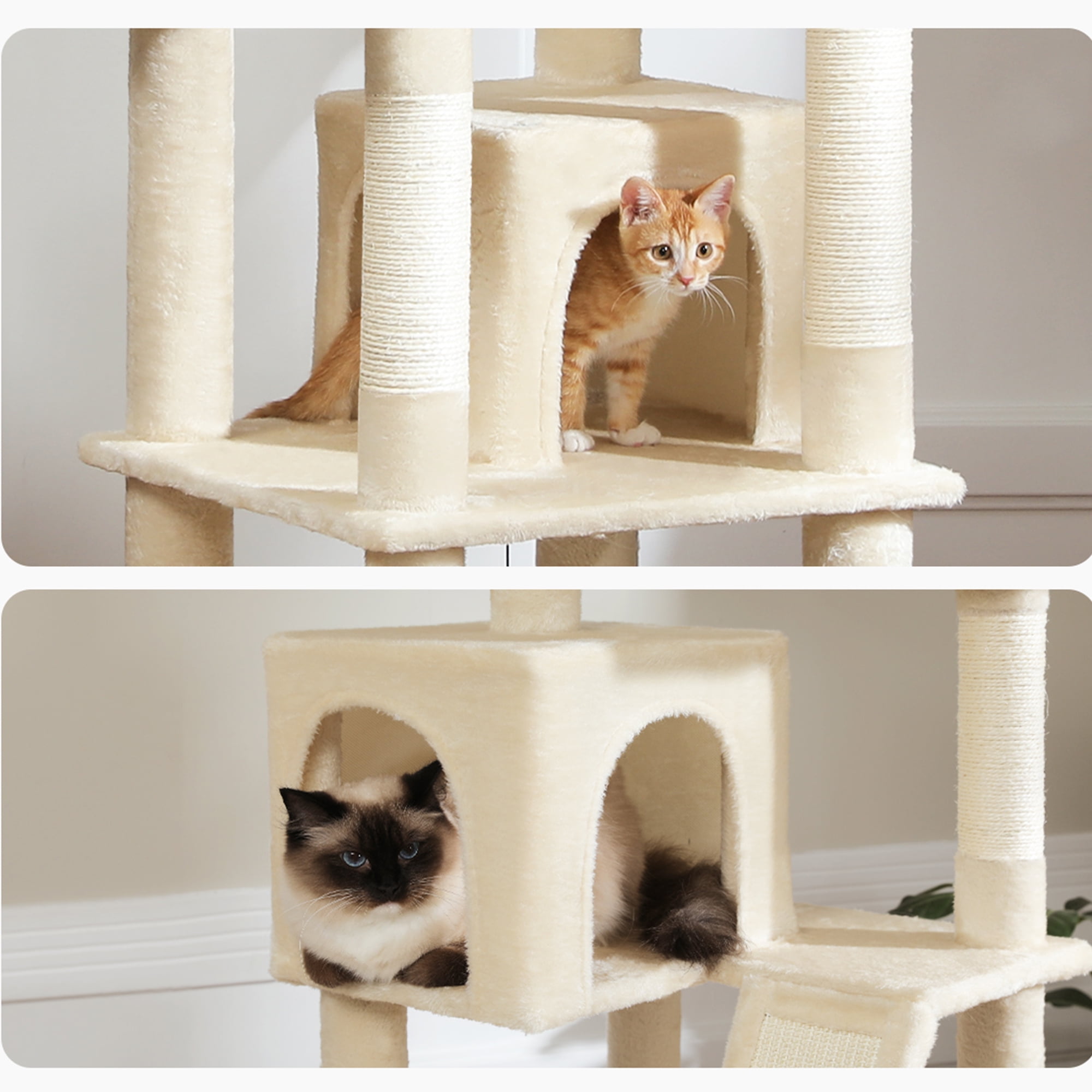 Kadyn 70" Large Cat Tree for Indoor Cats, Multi-Level Cat Tower Cat Scratching Post with 2 Perches, 2 Condos, Hammock and 2 Pompoms, Beige