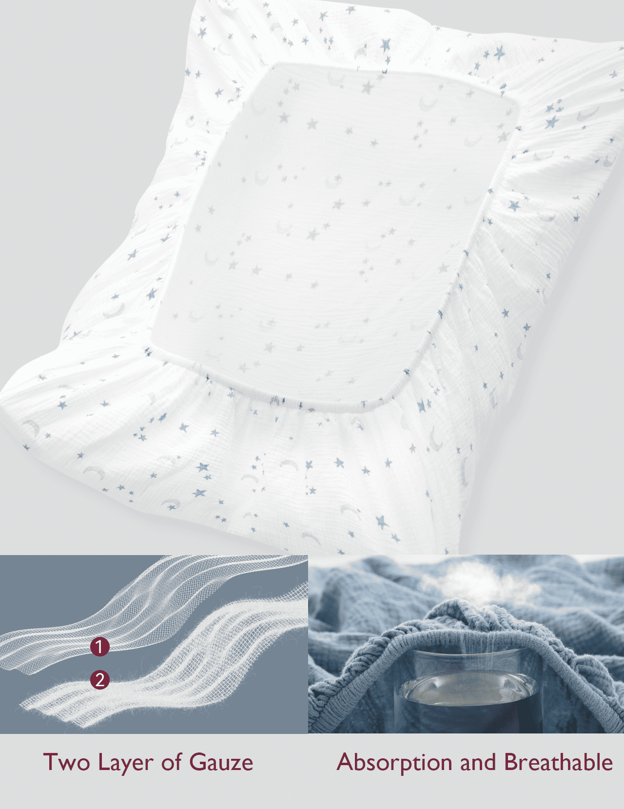 Momcozy Baby Muslin Standard Fitted Crib Sheets, Blue Star Moon Pattern, Infant Bedding