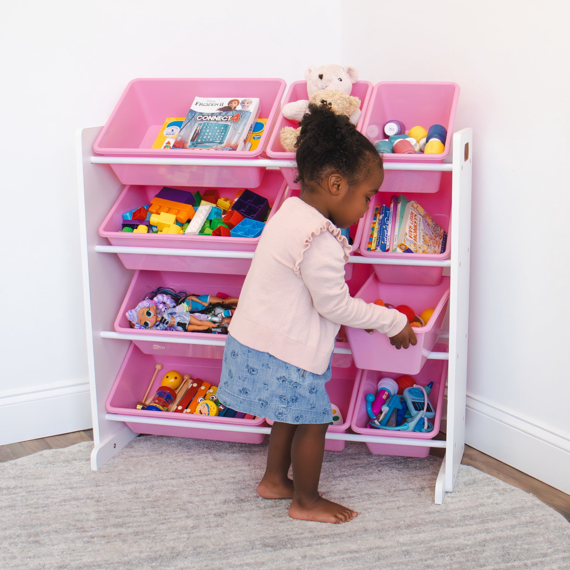 Humble Crew Bath Toy Organizers White/Pink Carly Toy Storage Organizer with 12 Plastic Storage Bins