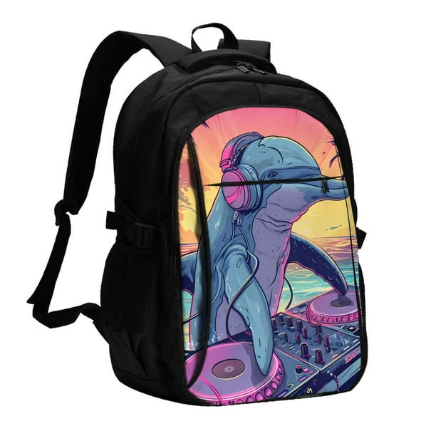 Balery Hip-Hop DJ Dolphin Mochila con carga USB para hombre y mujer - Mochila impermeable y antirrobo para laptop con puerto USB para viajes, trabajo