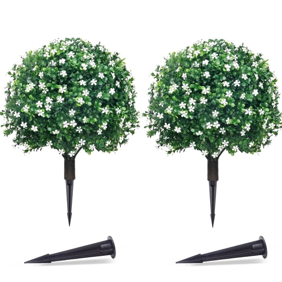 THE BRIVE 21.6 Inch Artificial White Flowers Topiary Ball Trees, 2 Set of UV Resistant Fake Evergreen Shrubs Bushes Plants with Ground Spike, Fake Plants for Outdoor Indoor Front Porch Garden