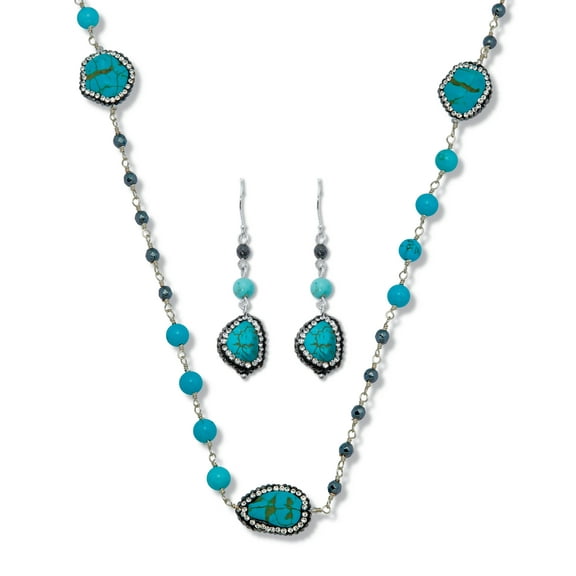 Genuine and Simulated Turquoise Silvertone Necklace Set 36-inch