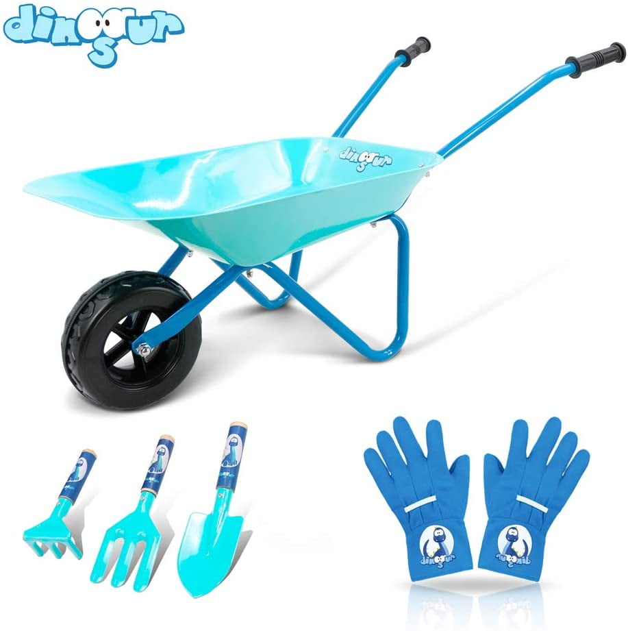 Colwelt Kids Wheelbarrow 5Pcs, Steel Wheelbarrow for Kids with Kids Wheelbarrow, Kids Gardening Tools and Kids Gloves(Blue)