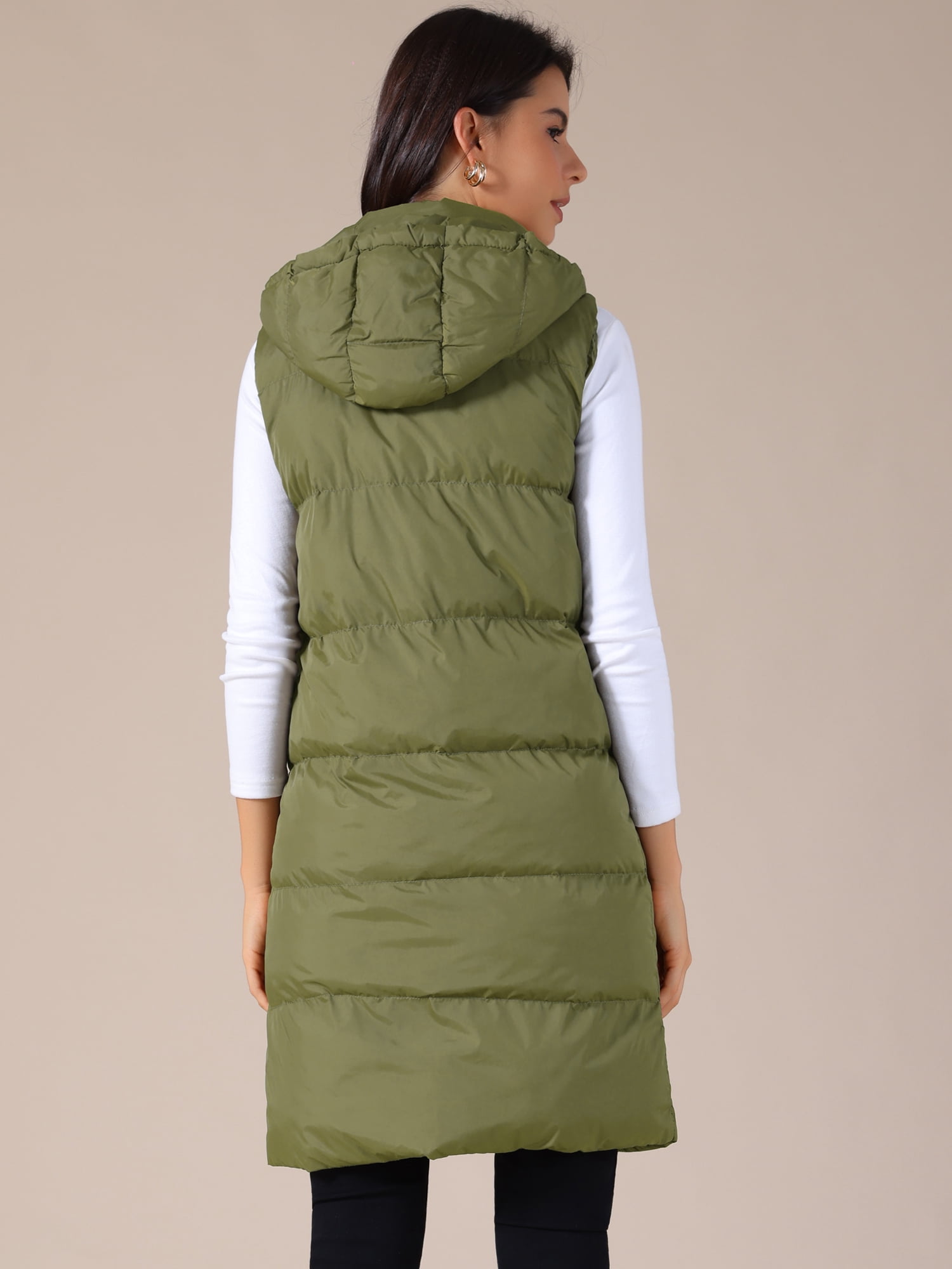 DARING DIVA Women's Long Puffer Vest Casual Sleeveless Hooded Down Jacket S Green