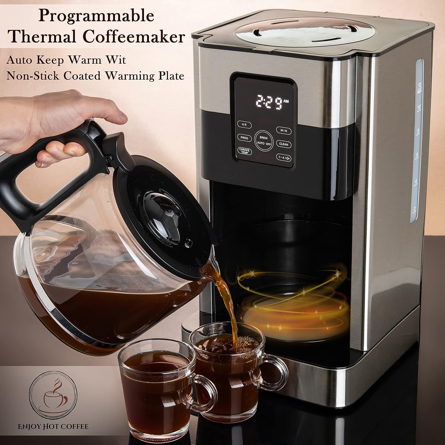 Mixpresso 12-Cup Drip Coffee Maker With Lcd Touch Display, Programmable Coffee Pot Machine, Borosilicate Glass Carafe, Anti-Drip System, Stainless Steel & Black Electric Coffee Maker
