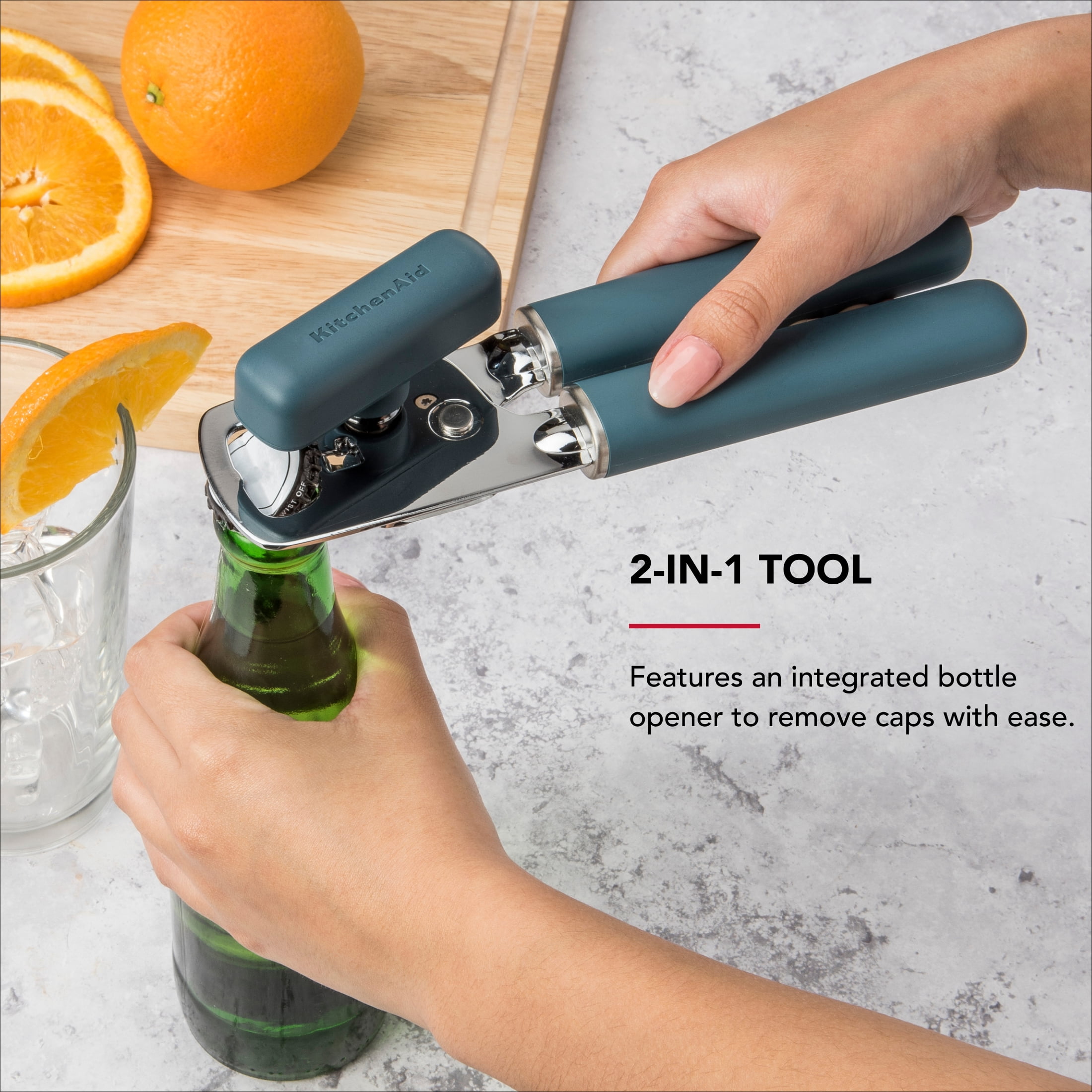 KitchenAid Stainless Steel Manual Can Opener with Bottle Opener and Ergonomic Grip, Agave