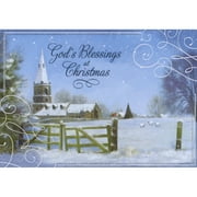 Designer Greetings God's Blessings: Church and Fence Covered with Sparkling Snow Box of 14 Religious Christmas Cards