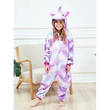 

Girls Cute Cartoon Unicorn Hooded Pajamas Kids Purple Holiday Costume For Winter