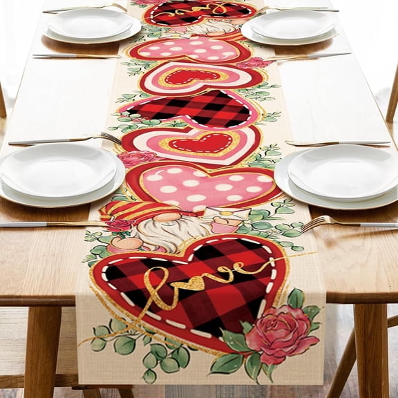 Valentines Day Gnome Dining Table Runner, Red Pink Gold Love Heart Buffalo Plaid Polka Dot Burlap Kitchen Decoration, Anniversary Wedding Indoor Outdoor Home Decor Party Supply 13.8 x 71 Inches