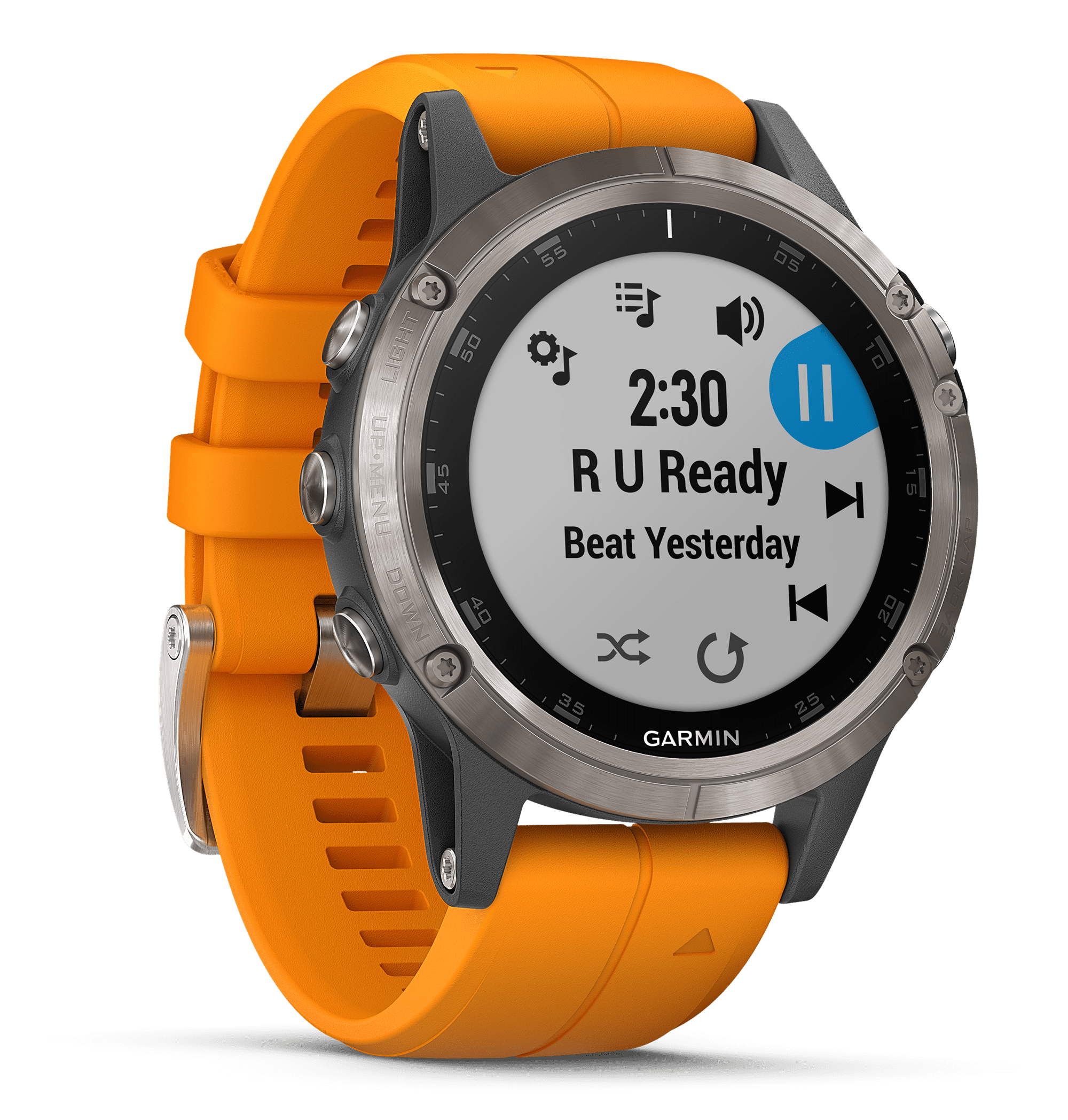 fenix 5 Plus Sapphire, Titanium with solar flare orange band 