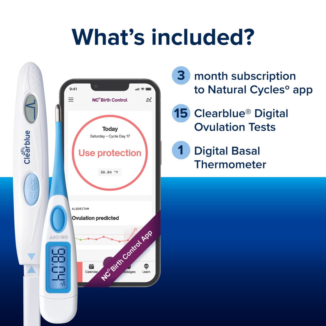 Clearblue & Natural Cycles Hormone-free Birth Control Kit Starter Pack, 3 month subscription to the Natural Cycles app, 15 Digital Ovulation Tests, 1 Digital Basal Thermometer
