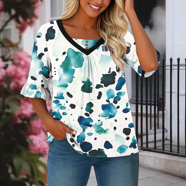 TaTaai Women's Summer V-Neck Top Printed Ruched Front Flared Half Sleeve Casual Chic Blouse Beach Vacation Daily Wear Gift