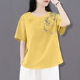 thumbnail image 5 of Tmtolofot Cotton Linen Tops For Women, Cuff Embroidered T-Shirts Female Round Neck Short-Sleeved Clothingloose Comfy Lightweight Shirt Cute Funny Waist Top，1_Yellow，3X-Large, 5 of 6
