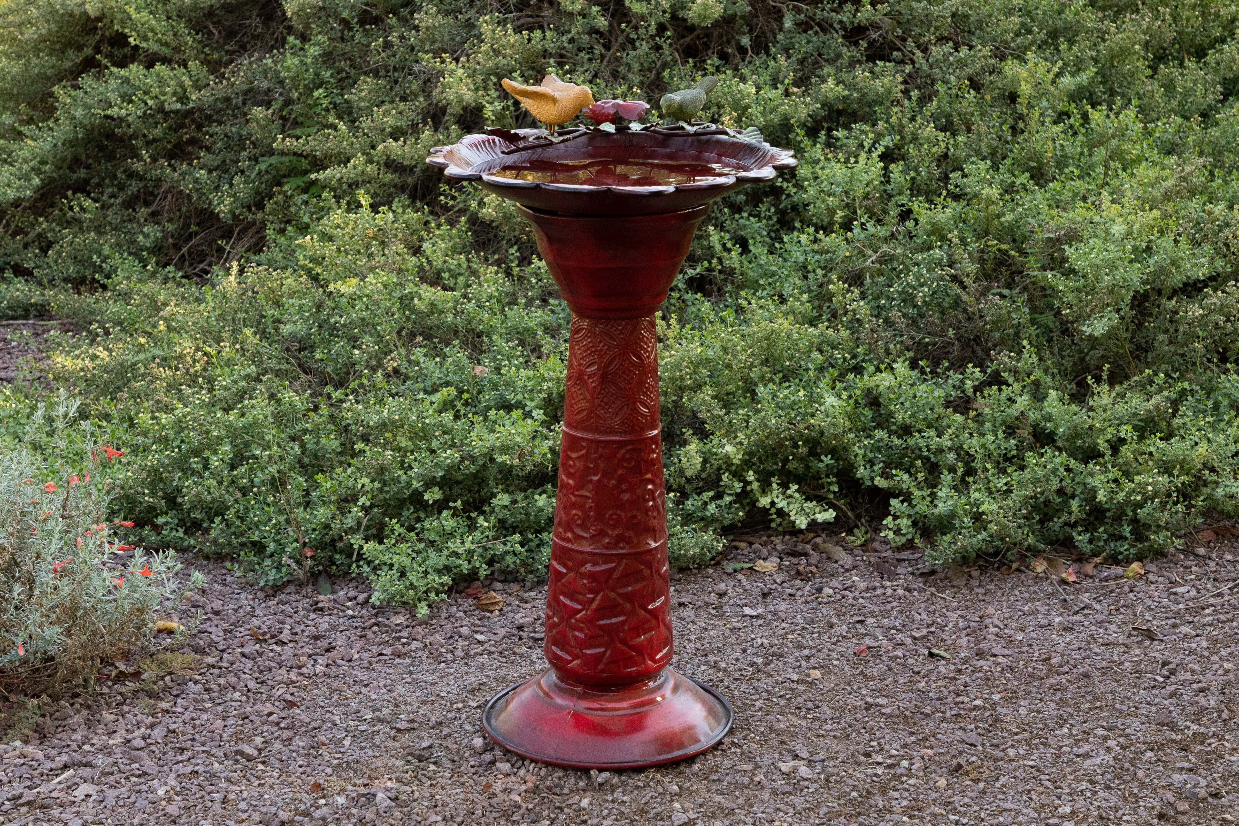 Alpine Red Metal Birdbath with Birds and Leaves, 28 Inch Tall