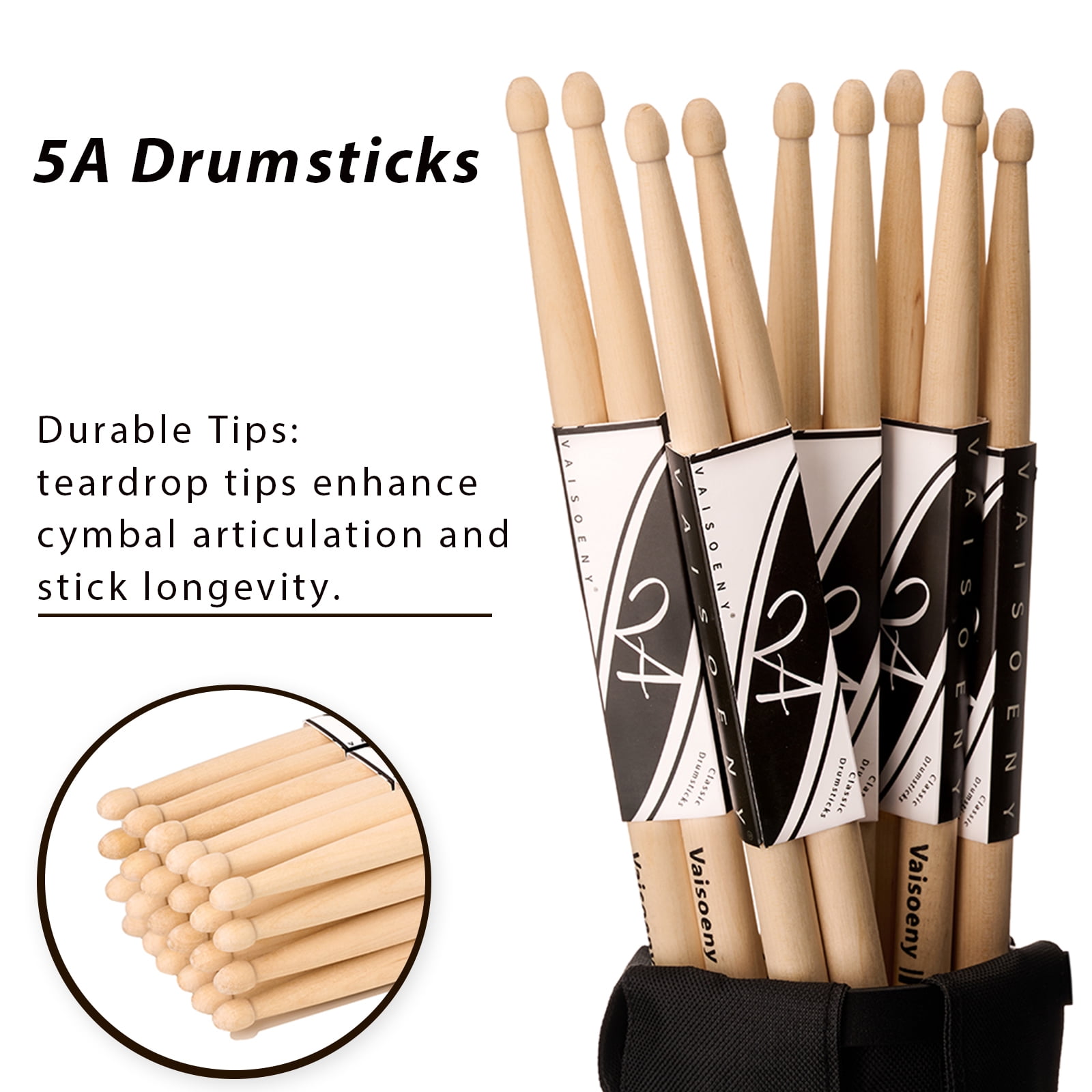Vaisoeny Drum Sticks,5A Drum Sticks for Adults,12 Pairs Classic Maple Wood Drumsticks for Kids , Professional Musical Instrument Percussion Accessories