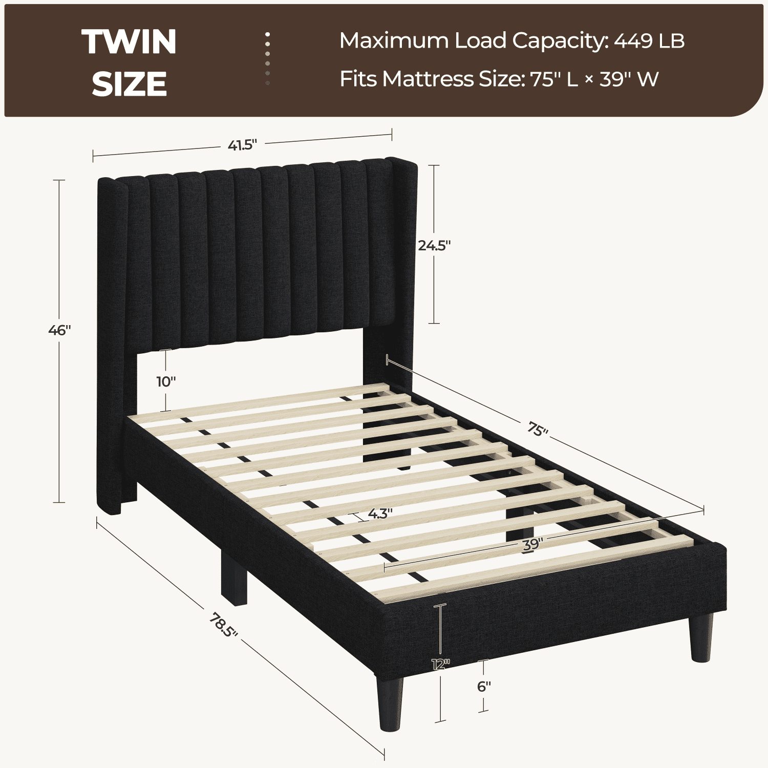 Renwick Twin Upholstered Bed Frame with Tufted Headboard, Black