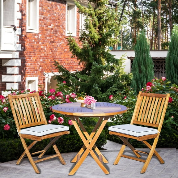 3 Piece Teak Wood Santa Barbara Outdoor Patio Bistro Dining Set, 36" Round Folding Table with 2 Folding Side Chairs