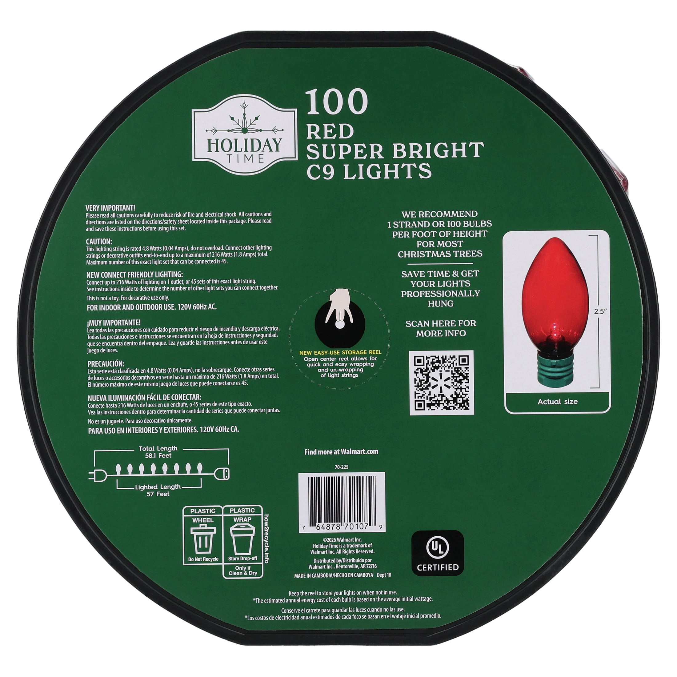 Indoor/Outdoor 100-Count LED Smooth C9 Christmas String Lights, Red, Green Wire, 57', by Holiday Time