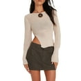 thumbnail image 2 of Womenacute;s Autumn Cropped Sweater Solid Color Ribbed Boat Neck Long Sleeve Side Slit Hem Slim Knitwear, 2 of 8